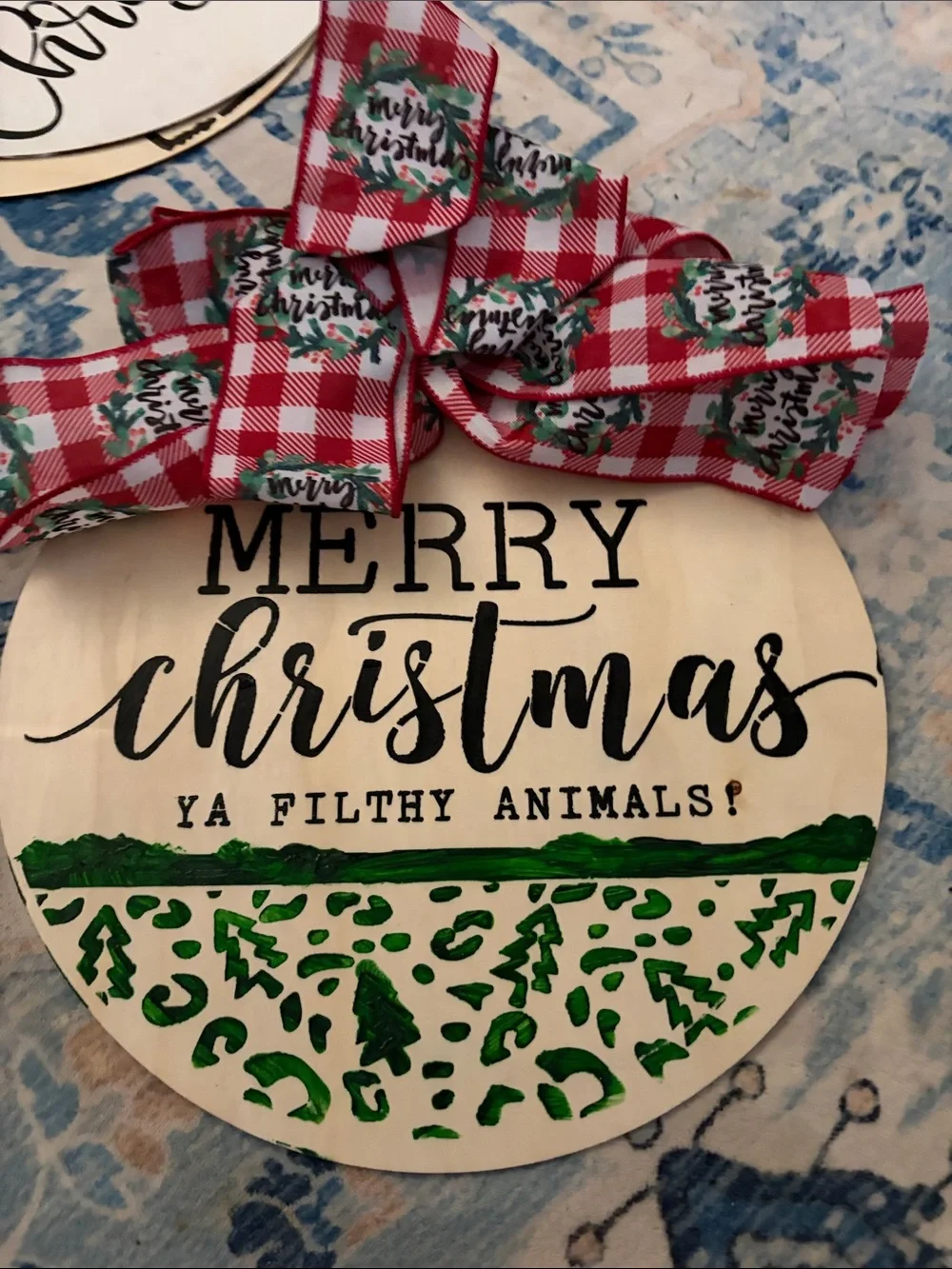 Holiday Merry Christmas Wood Sign with Red Plaid Bow
